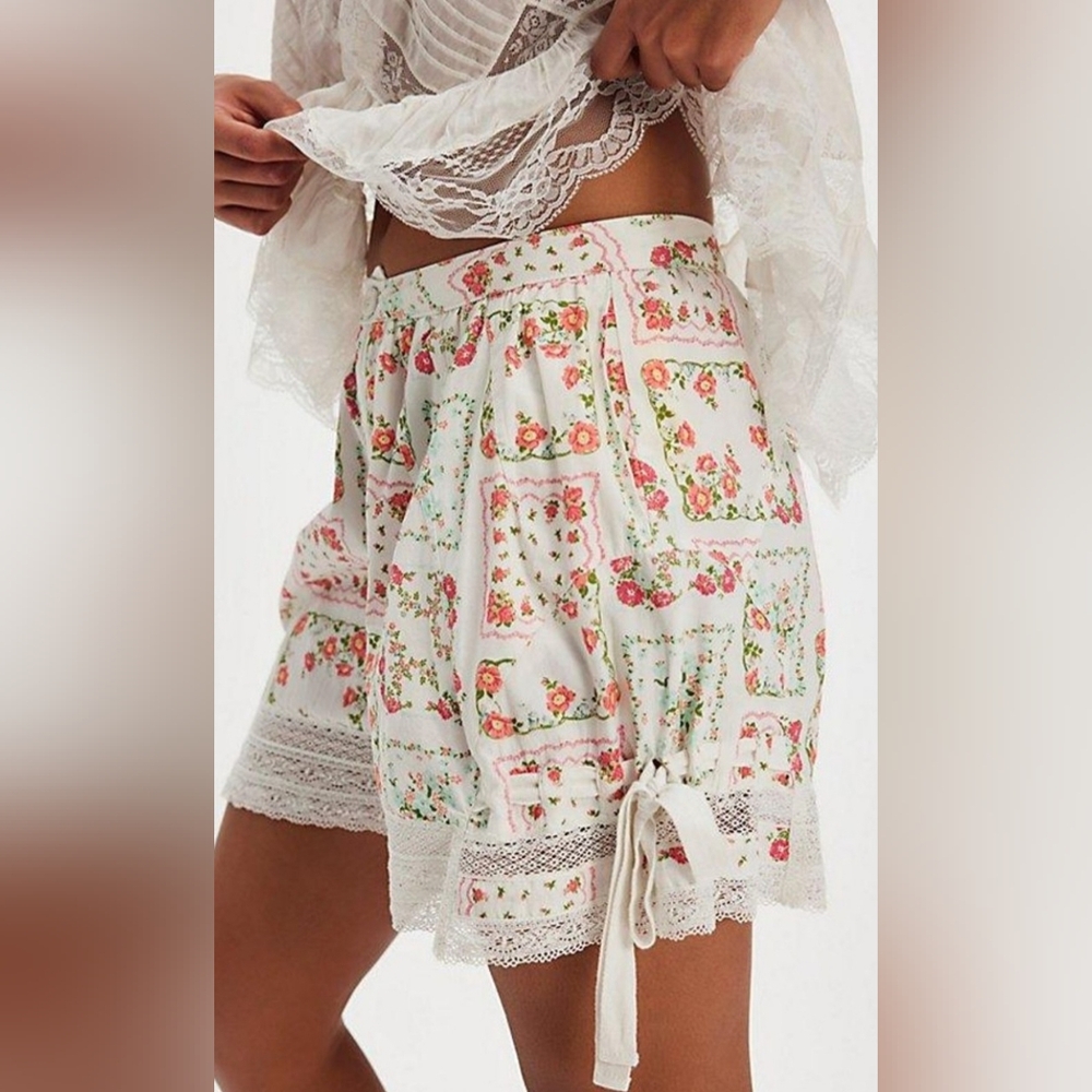 Free People Cream Floral Patchwork High-Waist Shorts